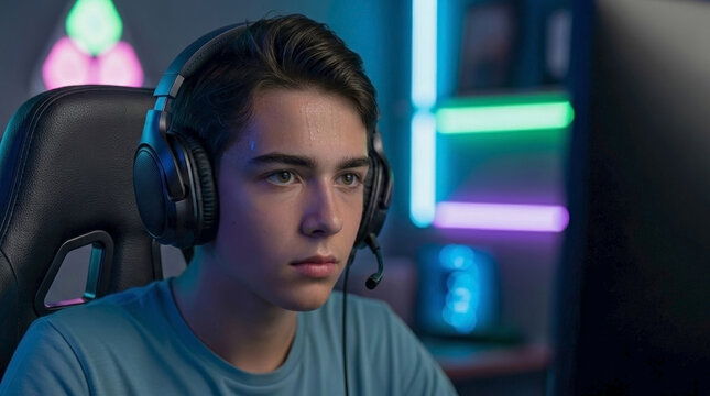 Focused teen boy gaming in headset close up, playing online video game in dimly lit room. Young teen boy gaming headset includes microphone, concentrating on screen with vibrant neon lighting.