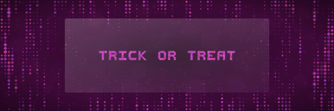 Digital Trick or Treat Text Banner with Purple Pixelated Background for Halloween Party Invitation and Social Media Post