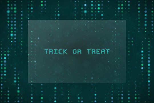 Digital Trick or Treat Text Design with Glowing Matrix Code Background for Halloween Technology Concepts