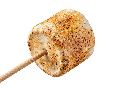Perfectly golden-brown toasted marshmallow on a sturdy wooden skewer, ready for a sweet indulgence.