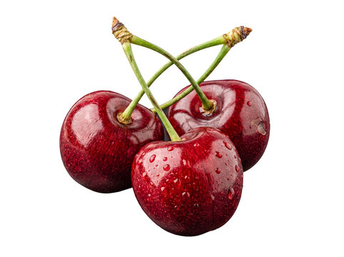 Lush dark red cherries with green stems and glistening water drops, isolated on a transparent background.
