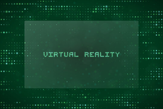 Virtual Reality Digital Concept Background with Matrix Style Green Data Dots and Futuristic Technology Text Overlay