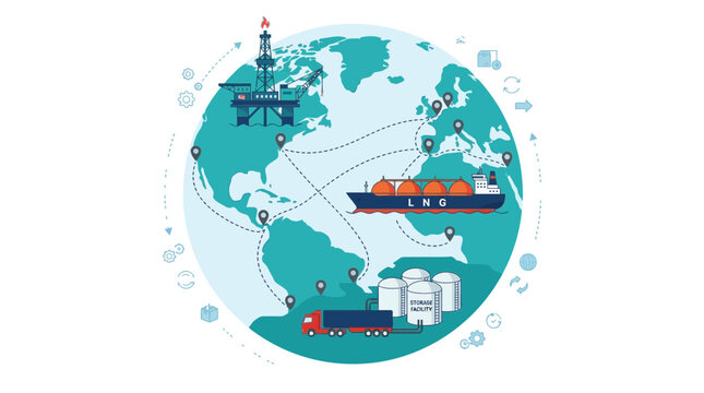 Flat vector illustration showing the global logistics network for liquified natural gas transportation and storage