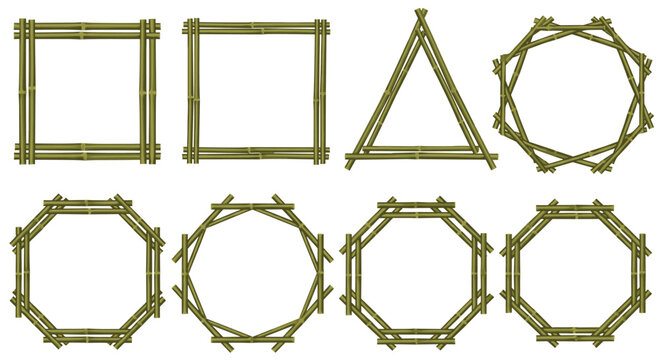 Set of various geometric frames handcrafted from green bamboo stalks including square, triangle, and octagonal shapes for organic design.
