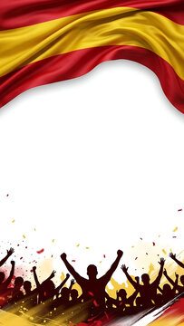 Vertical background featuring a waving silk Spanish flag at the top and silhouettes of a cheering crowd with raised hands at the bottom with red and yellow confetti on white space.