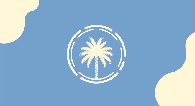 Minimalist circular logo design featuring a white palm tree silhouette inside a broken frame on a blue background with cream accents.