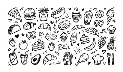 Hand drawn food doodle icon set with sketch style meal and snack symbols isolated on white background © Md Monirul