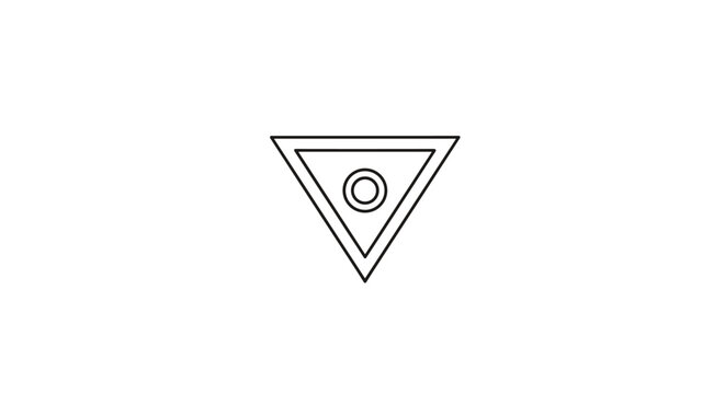 Simple minimalist line icon of an inverted triangle with a small circle in the center against a clean and plain white background.