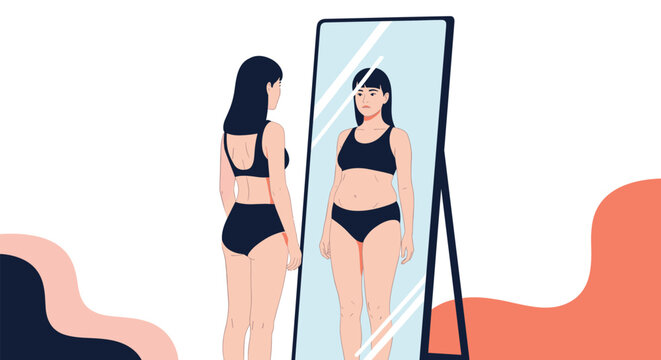 Young woman in black underwear looking in a mirror and seeing a larger reflection of herself illustrating an eating disorder concept.