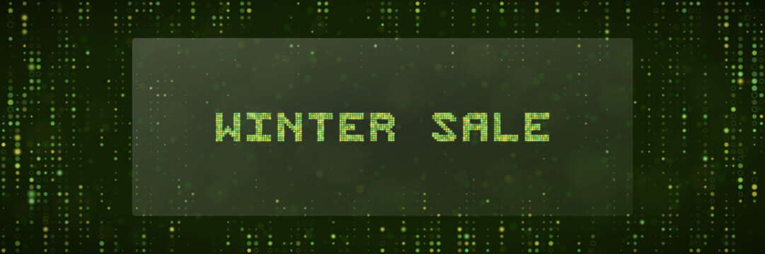 Digital Winter Sale Banner with Matrix Style Green Code Background for Tech Retail and Cyberpunk Gaming Promotions
