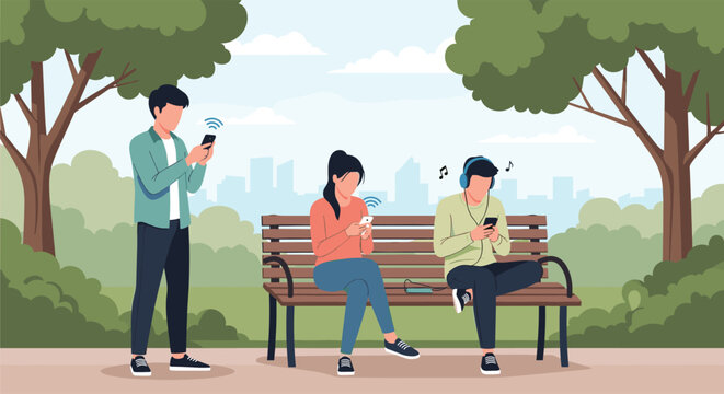 Group of young people ignoring each other while completely absorbed in their smartphones on a park bench surrounded by green trees.