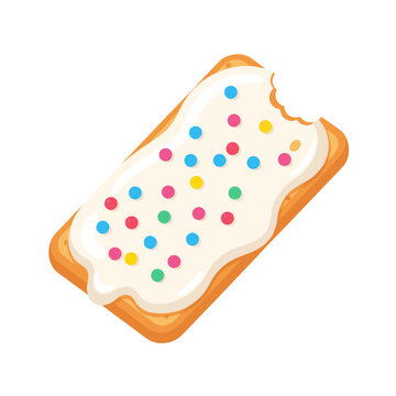 Bitten toaster pastry with white icing and rainbow sprinkles.