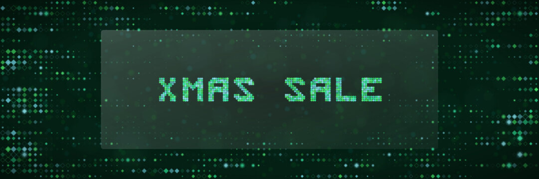 Digital Christmas Sale Banner with Matrix Style Pixel Text and Cyberpunk Data Stream Background for Tech Retail Promotions