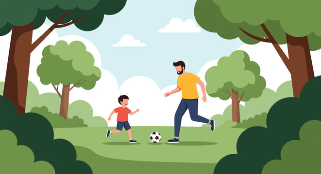 Active father and young son playing soccer together on a lush green field in a beautiful park surrounded by trees and white clouds.