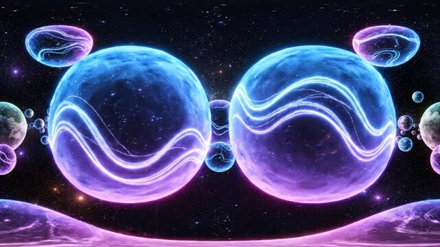 Abstract 360 VR video showing glowing cosmic orbs with energy waves