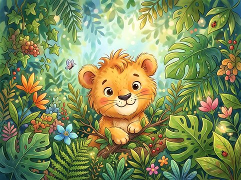 Cute cartoon lion cub in lush jungle setting.