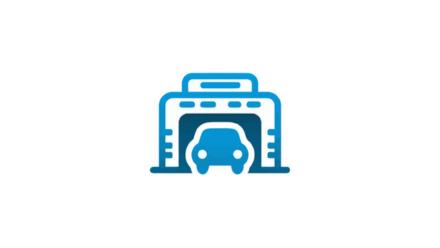 A simple blue icon representing a vehicle inside a cleaning facility