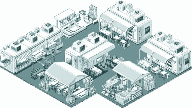 An isometric illustration showing a collection of small outdoor food stalls