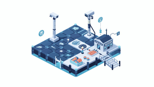 An isometric view of a modern automated fish processing facility with surveillance