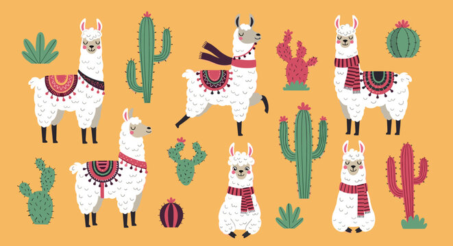 Whimsical set of white llamas wearing colorful scarves and blankets surrounded by various green and pink cacti on an orange background.