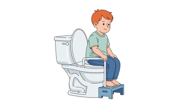 Young boy learns independence by using a toilet equipped with safety handrails and a blue step stool for potty training.