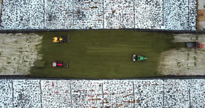 Top-down aerial shot directly over agricultural tractors compacting fresh green silage in a large bunker silo