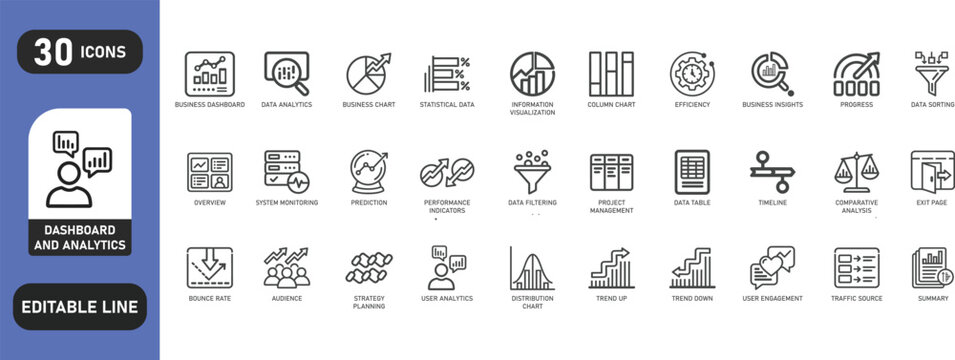 Dashboard and analytics icons set. Contains linear outline icons like insights, overview, exit page, bounce rate, data filtering, audience, comparative analysis. Editable line. Vector illustrations.