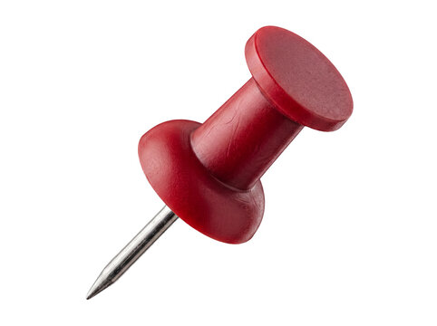 Angled perspective of a bright red plastic thumbtack with a shiny metal pin.