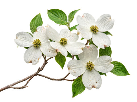 Beautiful cluster of four pristine white dogwood flowers blooming on a verdant branch with fresh green leaves.