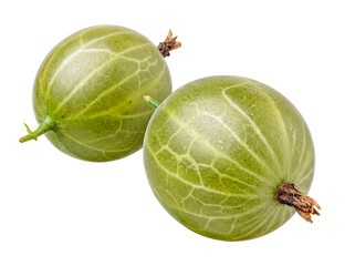 Two fresh green gooseberry fruits with short stems, isolated on a transparent background, healthy and delicious berries. © Davis