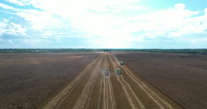 Aerial forward flying shot over a vast harvested field watching a line of combine harvesters and balers making round straw bales