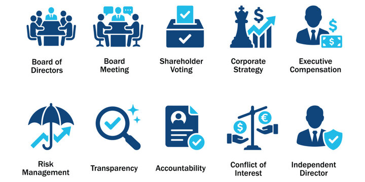Corporate Governance and Board Management Solid Icon Set. Vector Illustration of Black Glyph Executive Strategy Badges, Shareholder Voting, Risk Management, and Accountability Graphic Elements.