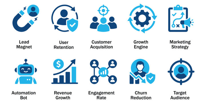 Business Growth and Marketing Strategy Solid Icon Set. Vector Illustration of Black Glyph Lead Magnet Badges, Customer Acquisition, Revenue Growth, Target Audience, and Automation Bot Elements.