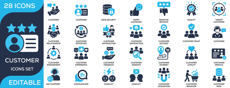 Customer solid icon set featuring satisfaction, loyalty, feedback, retention, engagement, and customer experience. Flat vector icons for CRM, support, and marketing projects.