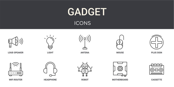 Set of 10 outline Gadget icons for reports, landing pages and application screens. Editable stroke icon pack including loud speaker, light, plus sign, wifi router and cassette recorder.