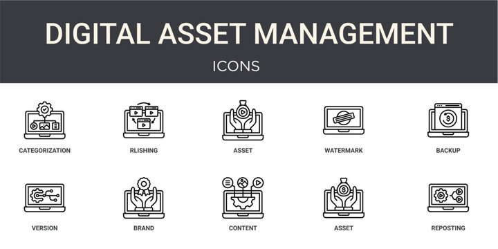 Set of 10 outline Digital Asset Management icons for reports, landing pages and application screens. Editable stroke icon pack including categorization, rlishing, backup, version control and