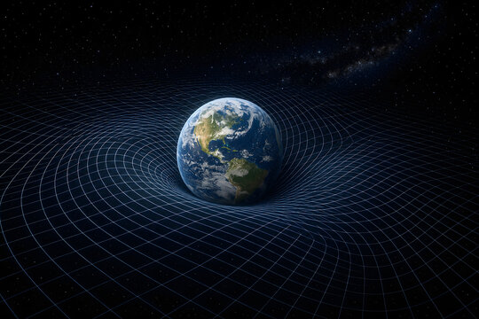 Earth in warped spacetime grid scientific illustration
