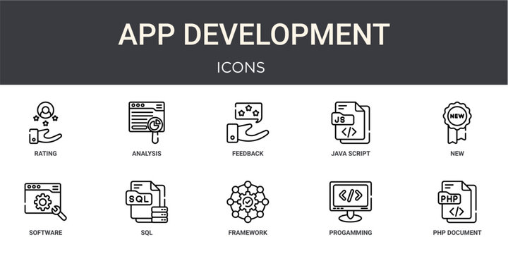 Set of 10 outline App Development icons for reports, landing pages and application screens. Editable stroke icon pack including rating, analysis, new, software developer and php document.
