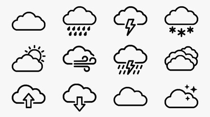 Fototapeta premium Creative Set of 12 Minimalist Black and White Weather and Cloud Icons with Various Symbols for Rain Snow Storms Uploads and Sparkles