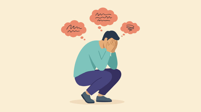 Depressed man squatting with hands on face and overwhelming thought bubbles