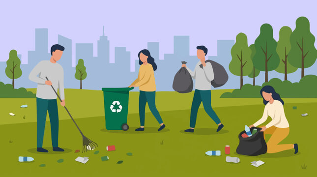 Group of volunteers cleaning up park, picking up litter, and recycling
