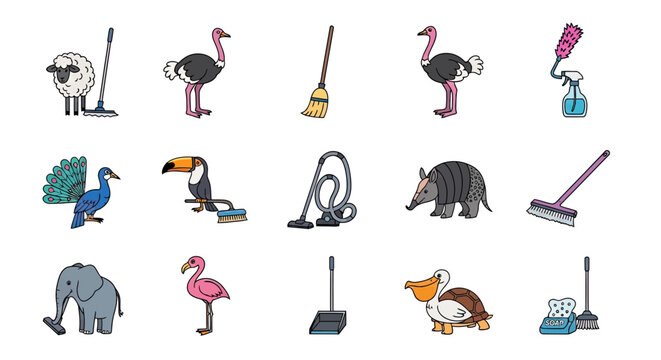 Animals using cleaning supplies and doing housework icons