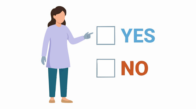 Cartoon woman pointing at YES checkbox for choice or survey