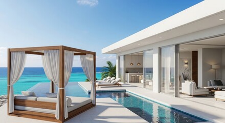 Fototapeta premium Luxury summer background modern villa with infinity pool and ocean view for real estate marketing