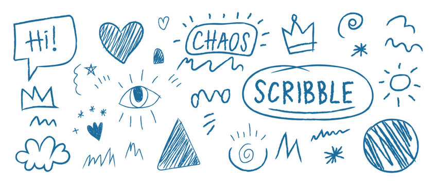 Blue Ink Scribble Doodle Elements Set. Vector Illustration of Hand-Drawn Notebook Style Icons, Text Bubbles, Chaos, Scribble, Eye, Crown, and Cloud on White Background.