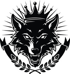 Fototapeta premium Black wolf head with crown and laurel wreath on white background