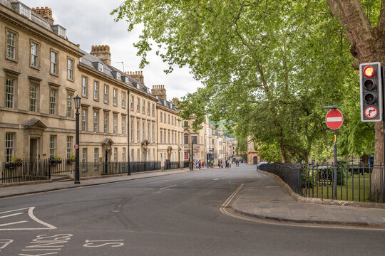 Residential streetscape in Bath, UK with historic Georgian archi