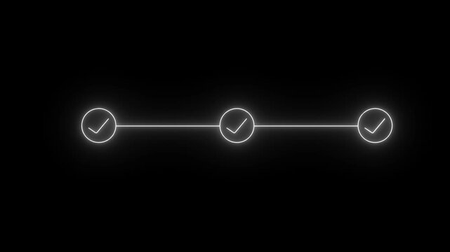 Blue neon light 3 step info-graphic process with check mark icon animation. Neon bright step-by-step process and check marks. icon animation on black ...