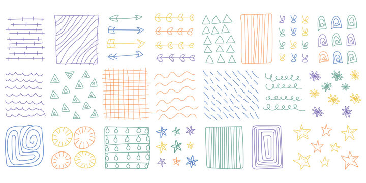 Hand-Drawn Minimalist Fine Line Patterns Set. Vector Illustration of Abstract Pastel Chalk Texture Doodle Elements, Seamless Waves, Triangles, Stars, and Geometric Lines on White Background.