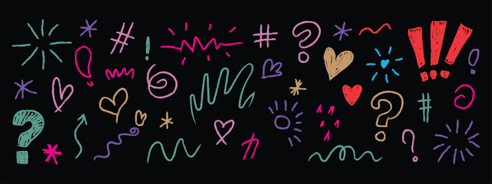 Neon Scribble and Symbol Elements Set. Vector Illustration of Hand-Drawn Chalk Texture Retro Y2K Expressions, Question Marks, Exclamation Points, Hearts, and Abstract Scribbles on Black Background.